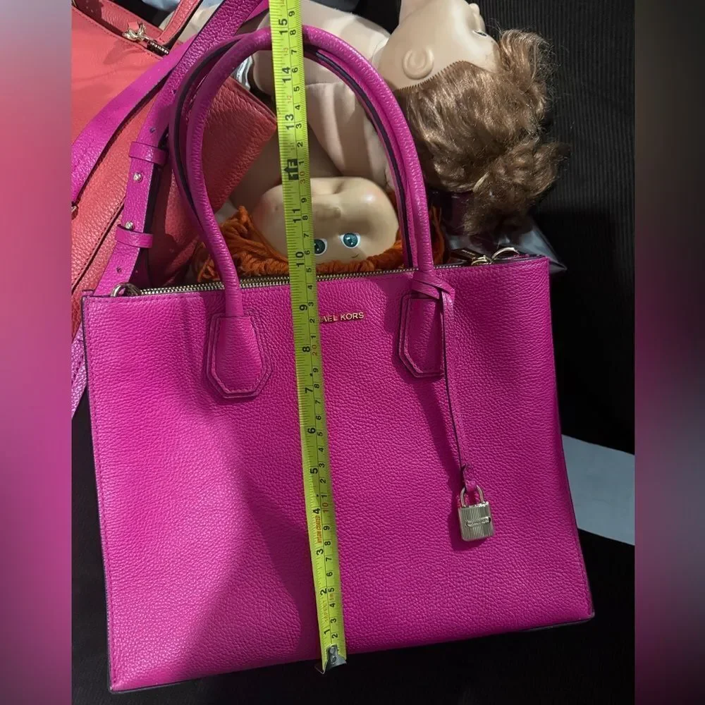 Michael Kors Fuchsia Pink Satchel – Pebbled Leather + Gold Lock & Strap - Picture 10 of 16
